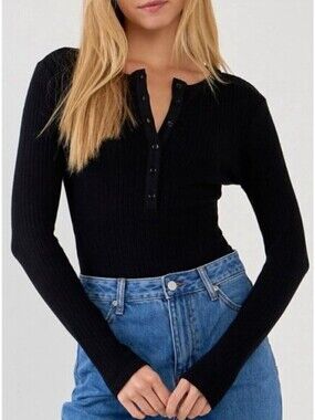 Free The Roses Ribbed Knit Henley Bodysuit in Black Size Large‎
